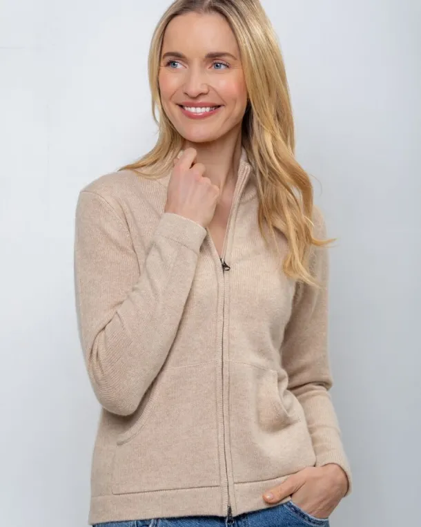 Cashmere and Merino Full Zip Cardigan Camel