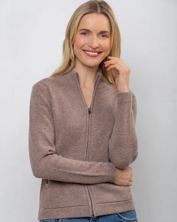 Cashmere and Merino Full Zip Cardigan Light Brown