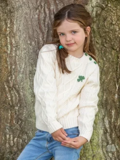 Cream Cable Knit Kids Sweater with Shamrock