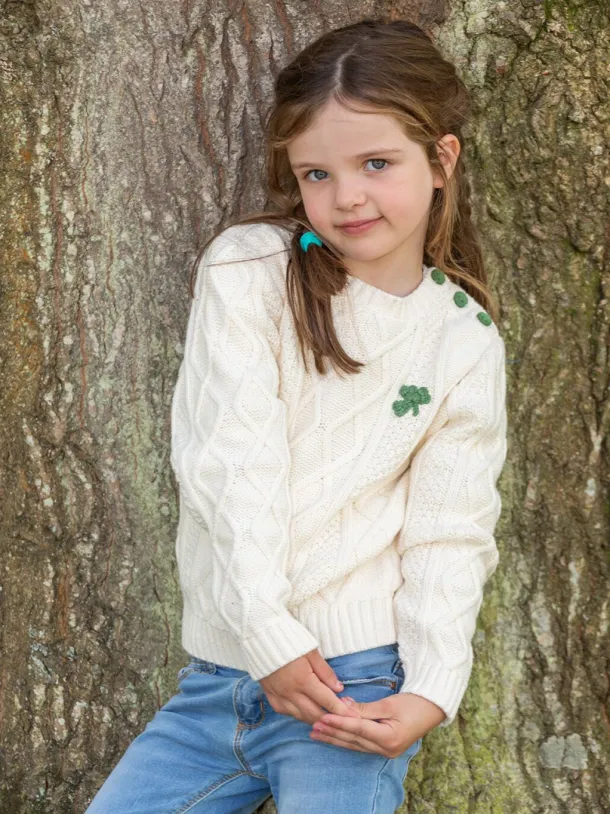 Cream Cable Knit Kids Sweater with Shamrock
