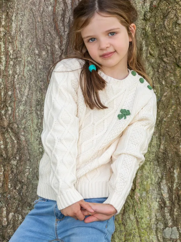 Cream Cable Knit Kids Sweater with Shamrock