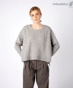 Cropped Aran Sweater Pearl Grey