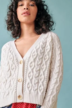 Cropped Cable Knit V Neck Cardigan Ivory