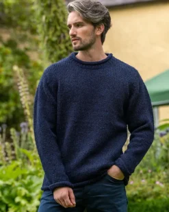 100% Donegal Roll Neck Sweater Dark Blue