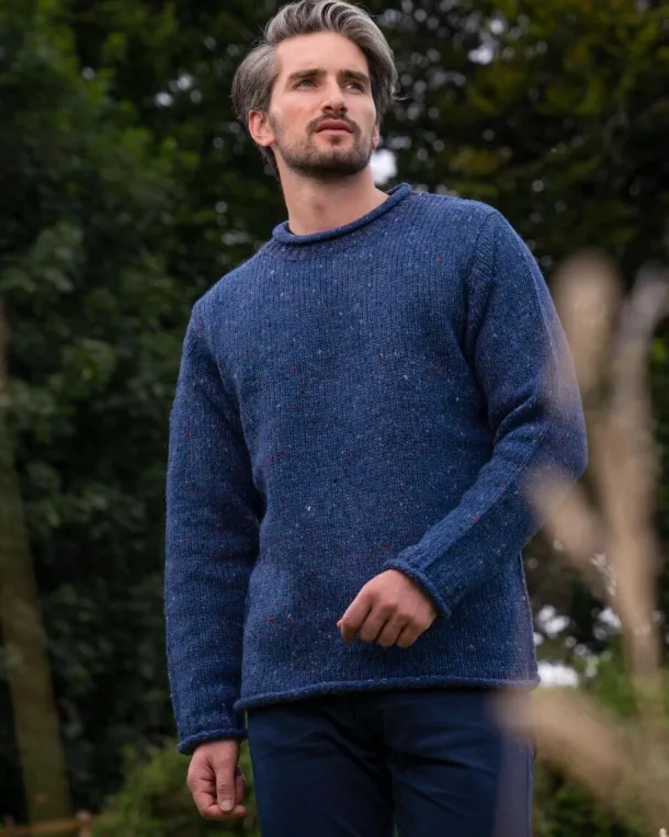 100% Donegal Roll Neck Sweater Light Blue