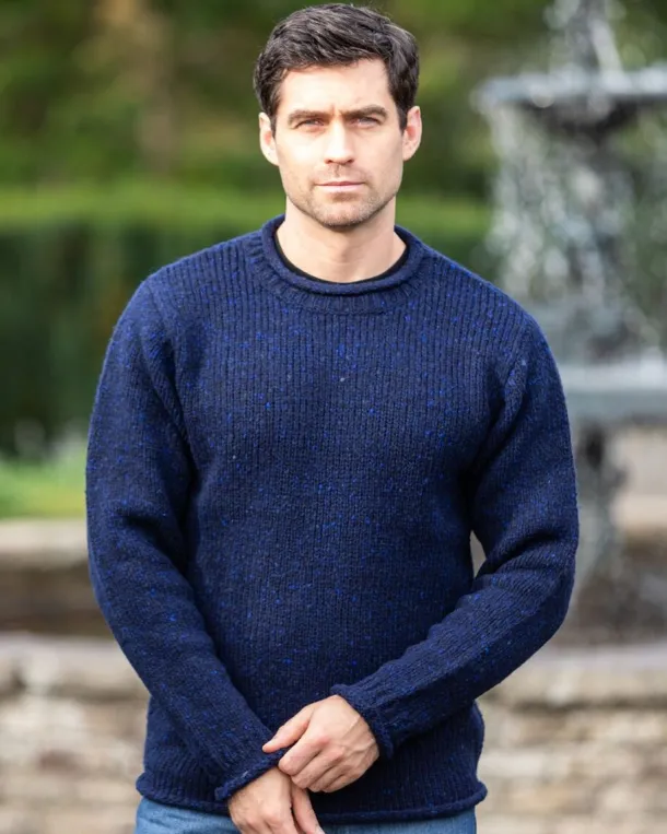 100% Donegal Roll Neck Sweater Dark Blue