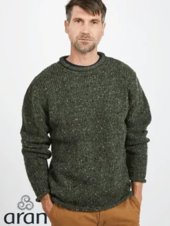 100% Donegal Wool Roll Neck Sweater Olive Green