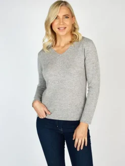 Extra Fine Merino Wool & Cashmere V Neck Sweater Silver Grey