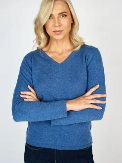 Extra Fine Merino Wool & Cashmere V Neck Sweater Denim