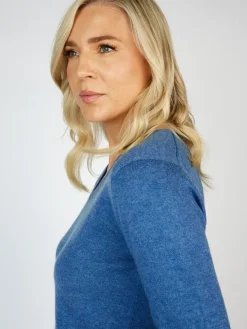 Extra Fine Merino Wool & Cashmere V Neck Sweater Denim
