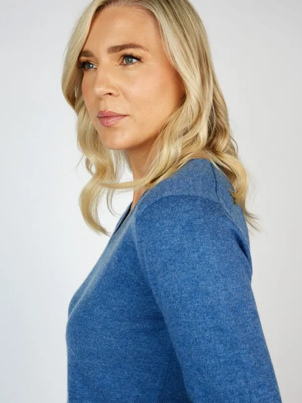 Extra Fine Merino Wool & Cashmere V Neck Sweater Denim