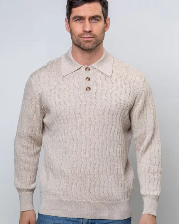Extra Fine Merino Wool Button Neck Sweater - Beige