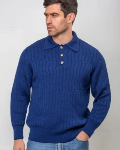 Extra Fine Merino Wool Button Neck Sweater - Blue