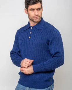 Extra Fine Merino Wool Button Neck Sweater - Blue