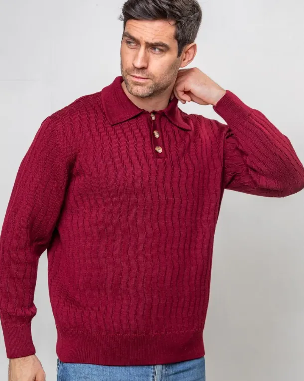 Extra Fine Merino Wool Button Neck Sweater - Berry