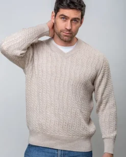 Extra Fine Merino Wool V Neck Sweater Beige