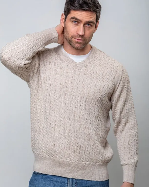 Extra Fine Merino Wool V Neck Sweater Beige