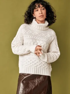 100% Fine Merino Wool Cable Knit Polo Neck