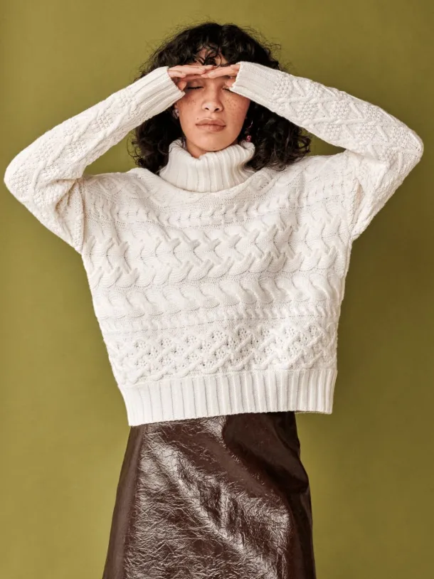 100% Fine Merino Wool Cable Knit Polo Neck