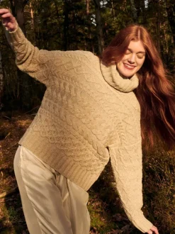 100% Fine Merino Wool Cable Polo Neck Beige
