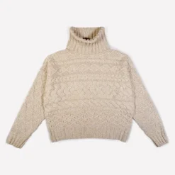 100% Fine Merino Wool Cable Polo Neck Beige