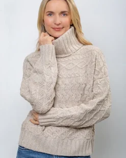 100% Fine Merino Wool Cable Polo Neck Beige