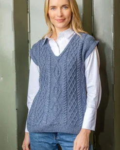 Fitted Aran Vest Merino Wool - Blue
