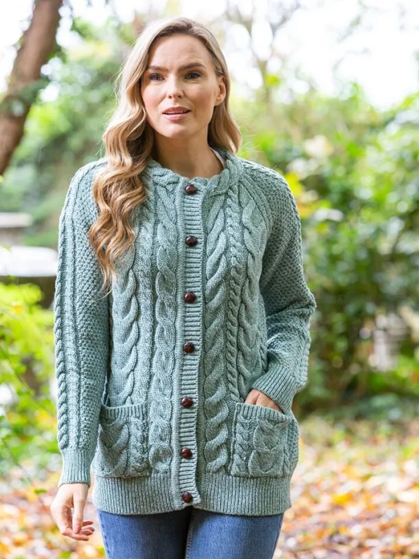 Fitted Irish Aran Lumbar Cardigan Aqua