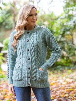 Fitted Irish Aran Lumbar Cardigan Aqua