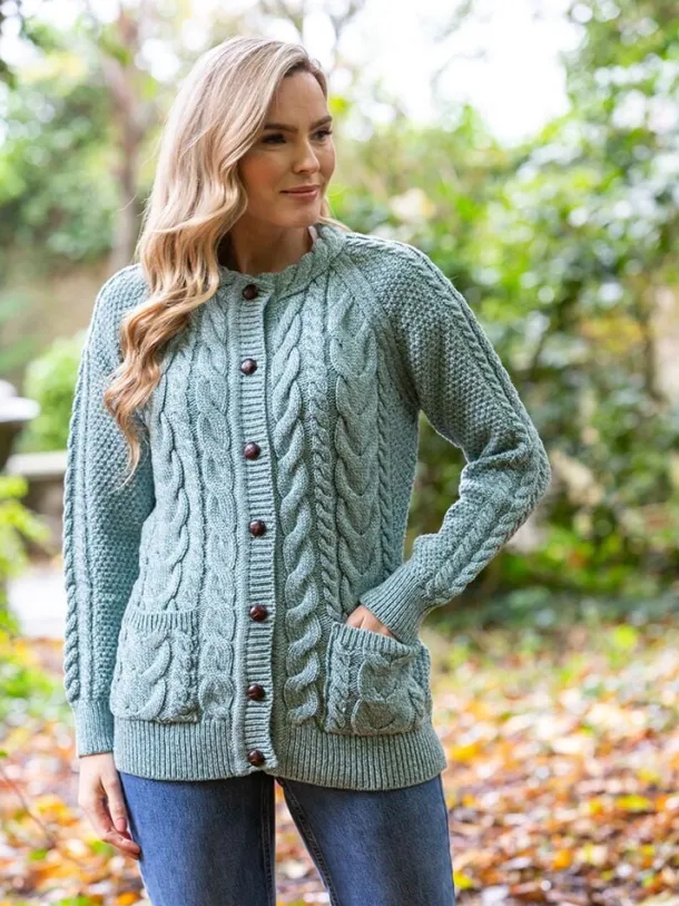 Fitted Irish Aran Lumbar Cardigan Aqua