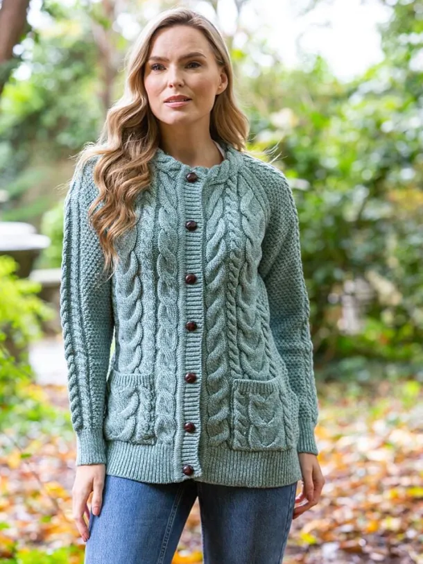 Fitted Irish Aran Lumbar Cardigan Aqua