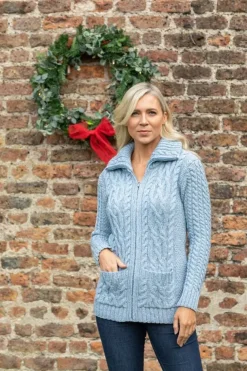 Full Zip Aran Sweater Sky Blue