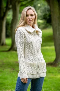Full Zip Fitted Aran Cardigan with large collar