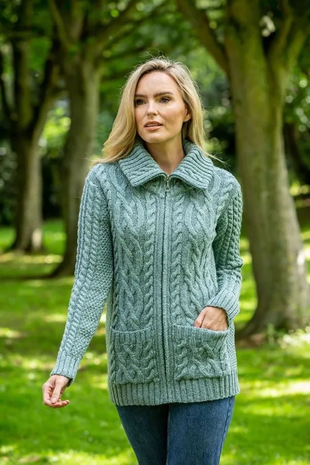 Full Zip Fitted Aran Cardigan Aqua