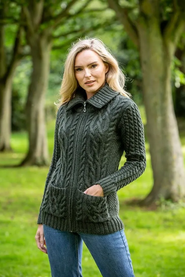 Full Zip Fitted Aran Cardigan Army green