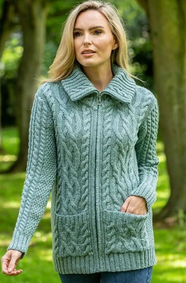 Full Zip Fitted Aran Cardigan Aqua