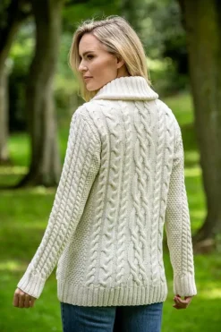 Full Zip Fitted Aran Cardigan with large collar