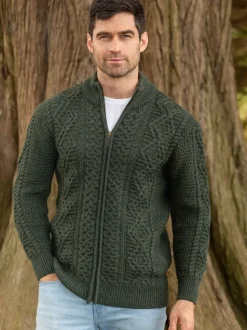 Full Zip Mens Aran Cardigan - Army Green