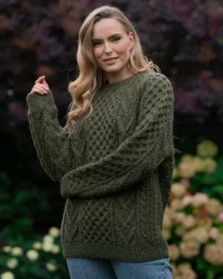 Handknit Green Aran Sweater Merino Wool