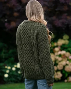 Handknit Green Aran Sweater Merino Wool