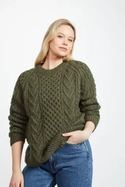 Handknit Green Aran Sweater Merino Wool