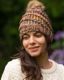 Handmade in Ireland - Super Soft hat with pom pom - Autumn Mix
