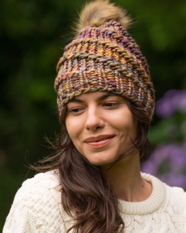 Handmade in Ireland - Super Soft hat with pom pom - Autumn Mix