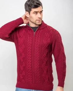 Heavyweight Extra Fine Merino Wool Half Zip Sweater - Berry