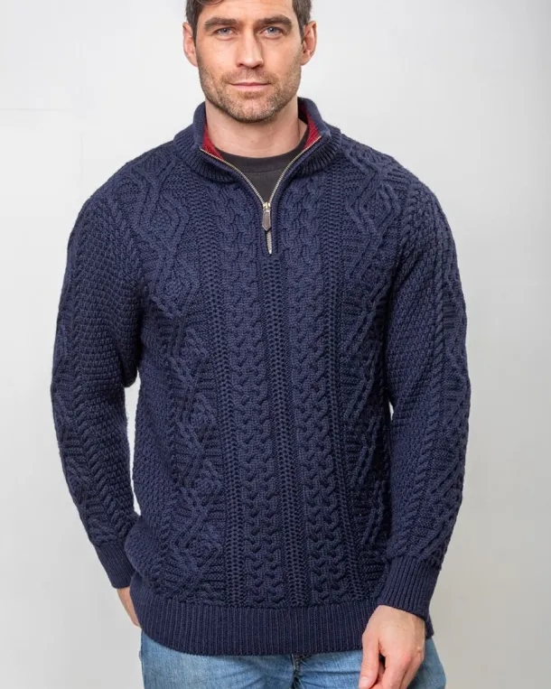 Heavyweight Extra Fine Merino Wool Half Zip Sweater - Navy