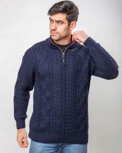 Heavyweight Extra Fine Merino Wool Half Zip Sweater - Navy
