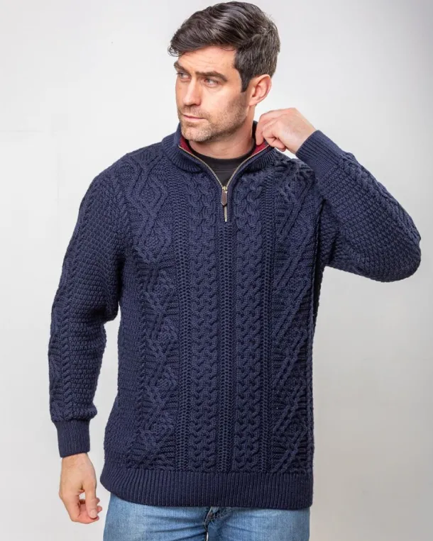 Heavyweight Extra Fine Merino Wool Half Zip Sweater - Navy