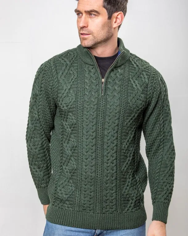 Heavyweight Extra Fine Merino Wool Half Zip Sweater - Forest Green