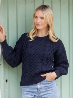 Honeysuckle Cropped Aran Sweater Navy