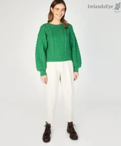 Honeysuckle Cropped Aran Sweater Green Marl
